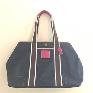 Stylish Coach Denim Navy Tote Bag with Pink Accents